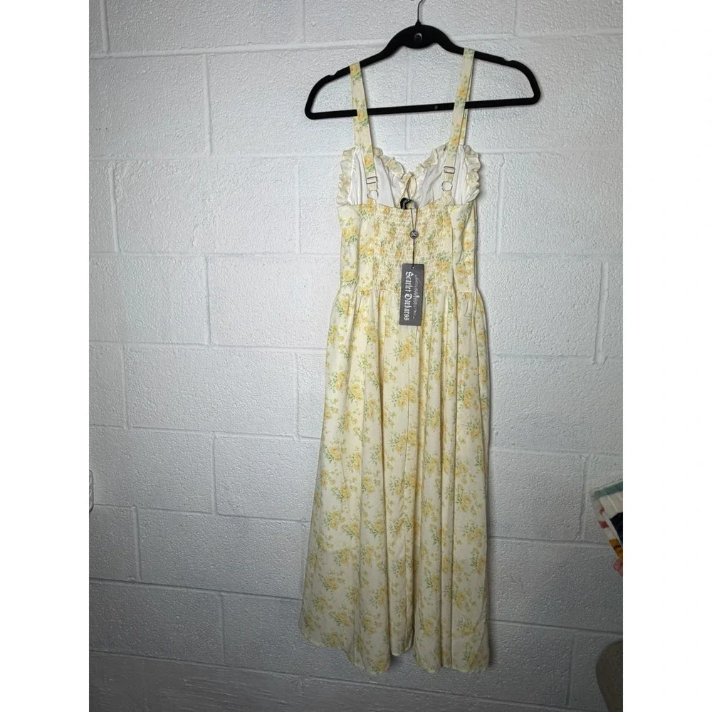 Scarlet Darkness Yellow Floral Cottagecore Midi Dress Sweetheart NWT Size S